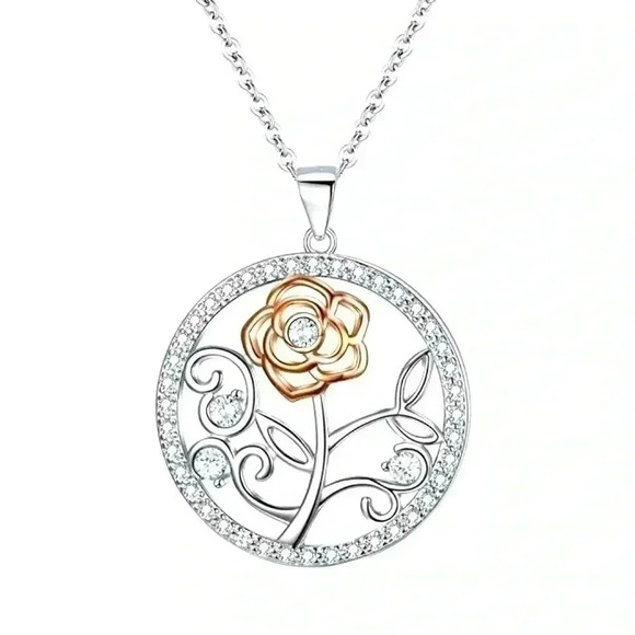 New Gorgeous 925 Silver Diamond Rose Necklace - Picture 1 of 6